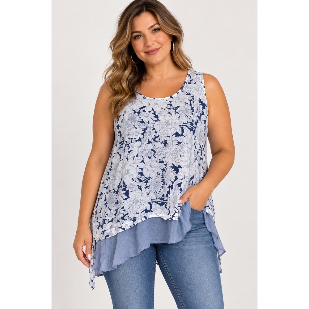 Cupio Blue White Floral Sleeveless Lace Up Back Layered Hem Top XL